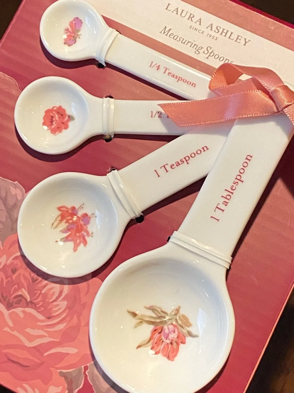 Laura Ashley White Porcelain Measuring Spoons with Pink Floral Detail